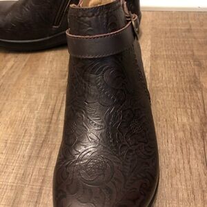Alegria Dark Brown Floral Leather Embossed Ankle Boots